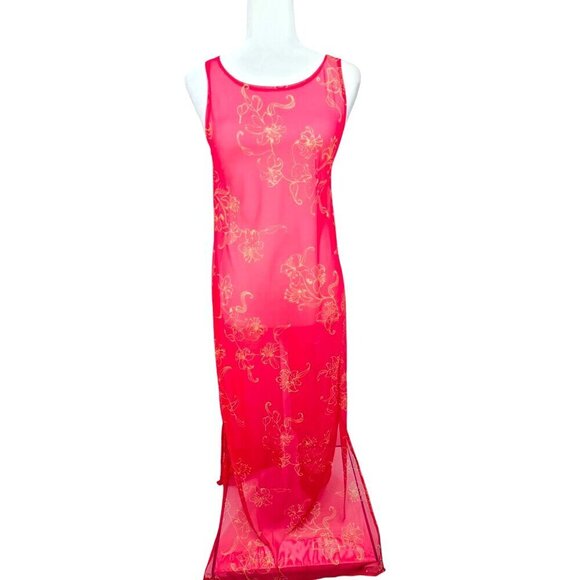 Vintage ATHENA Made in USA Red Gold Floral Mesh Sheer Maxi Dress - Picture 1 of 9